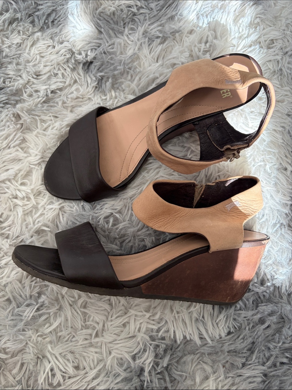 Camper Two-Tone Black & Tan Leather & Wooden Wedge Sandals Women's